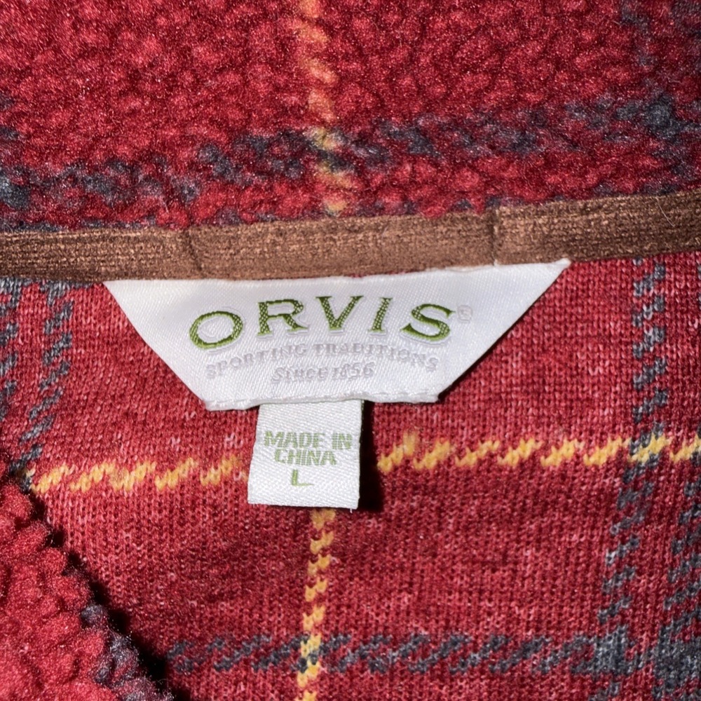 Orvis Deep-Pile Fleece Jacket Red Coat Plaid Women's Size L Toggle Front - Picture 4 of 8